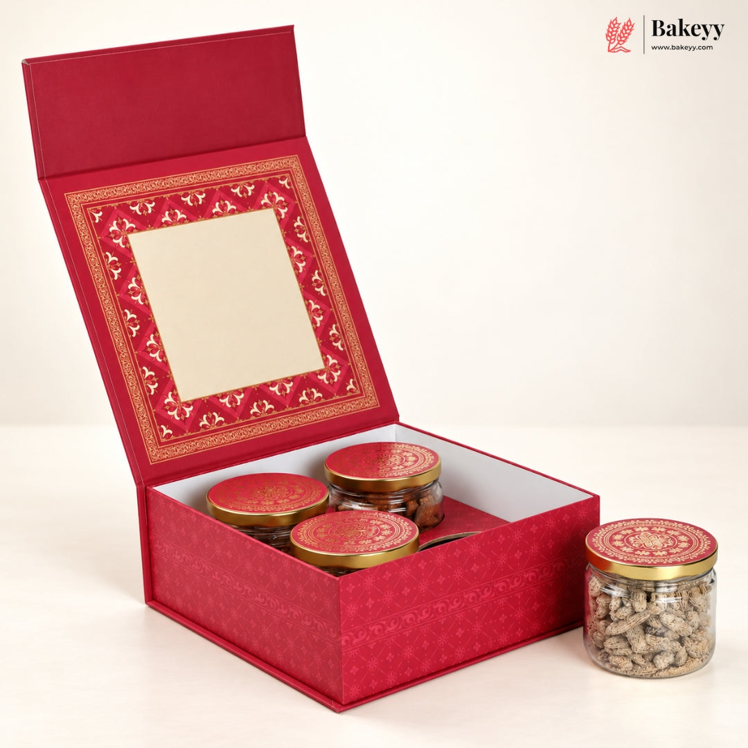 Traditional Printed Hamper Box with 4 Glass Jars | Magnetic Closure | 3 Designs | Pack of 1