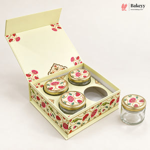 Traditional Printed Hamper Box with 4 Glass Jars | Magnetic Closure | 3 Designs | Pack of 1