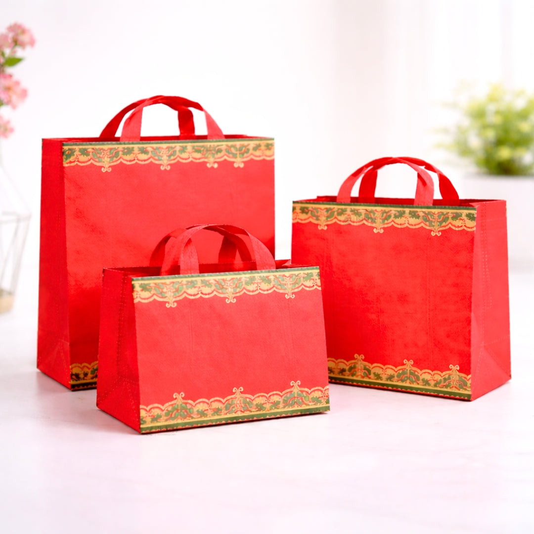 Traditional Red Festive Carry Bag with Decorative Border | 3 Size Options | Pack of 50