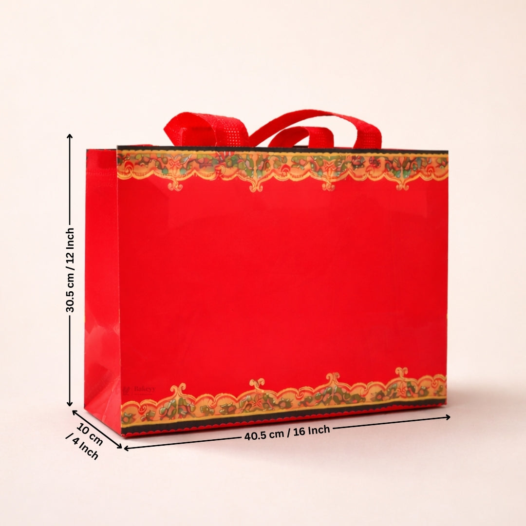 Traditional Red Festive Carry Bag with Decorative Border | 3 Size Options | Pack of 50