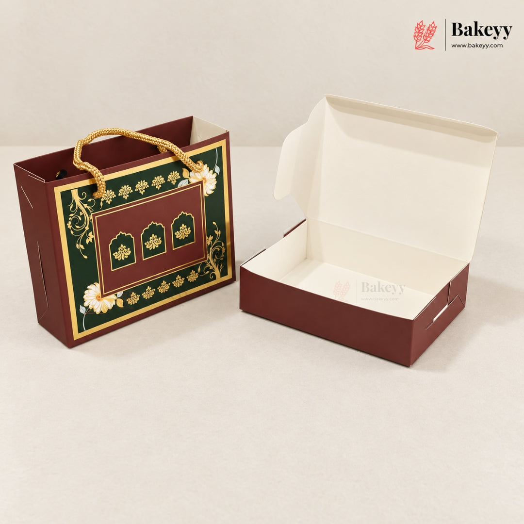 Traditional Arch & Floral Printed Chocolate Sweet Box with Matching Handle Paper Bag | With & Without Cavity | Pack of 10