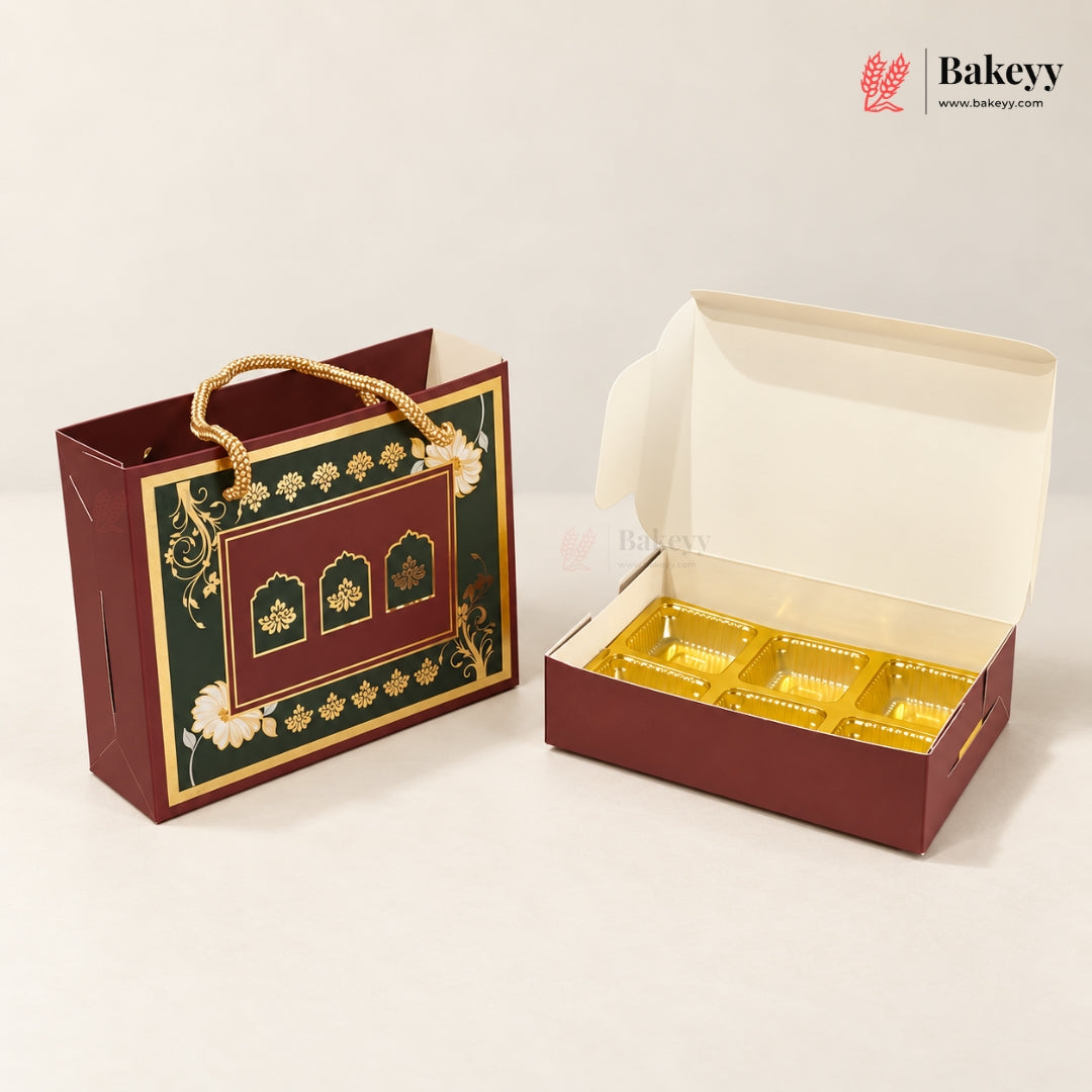 Traditional Arch & Floral Printed Chocolate Sweet Box with Matching Handle Paper Bag | With & Without Cavity | Pack of 10