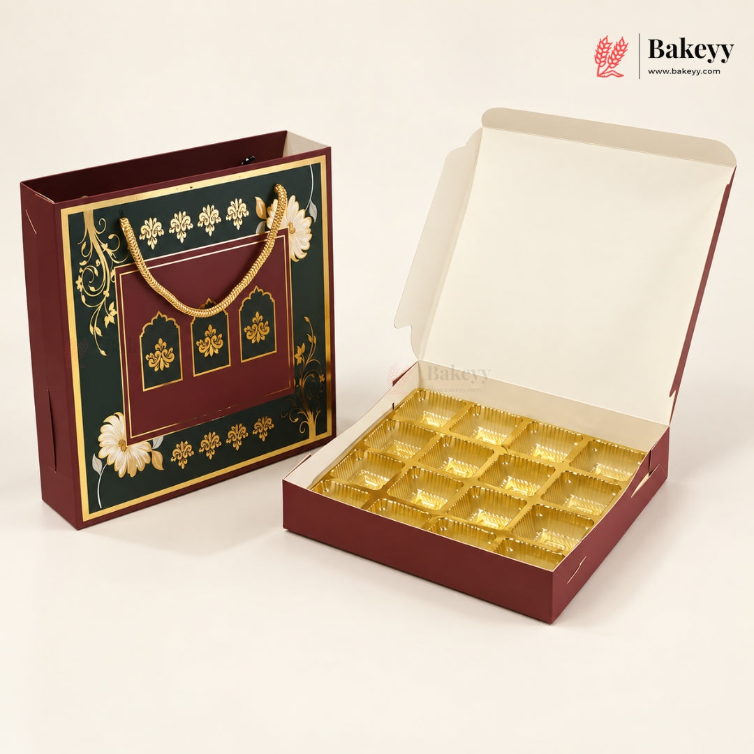 Traditional Arch & Floral Printed Chocolate Sweet Box with Matching Handle Paper Bag | With & Without Cavity | Pack of 10