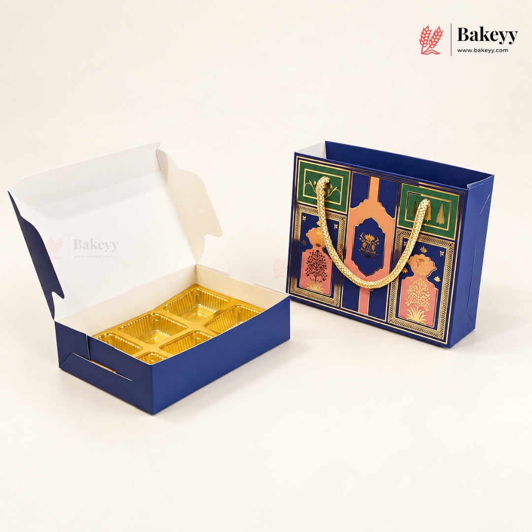 Traditional Arch & Floral Printed Chocolate Sweet Box with Matching Handle Paper Bag | With & Without Cavity | Pack of 10