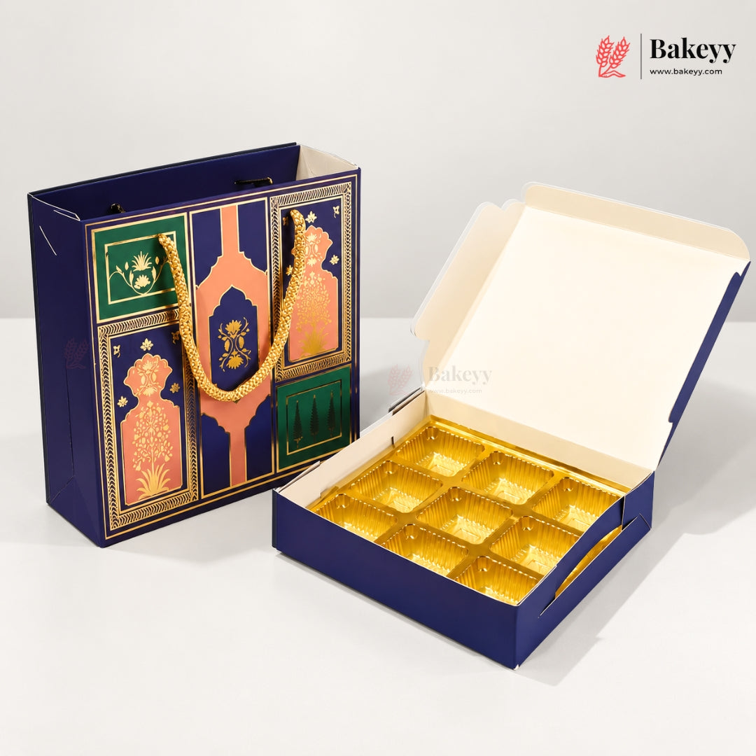 Traditional Arch & Floral Printed Chocolate Sweet Box with Matching Handle Paper Bag | With & Without Cavity | Pack of 10