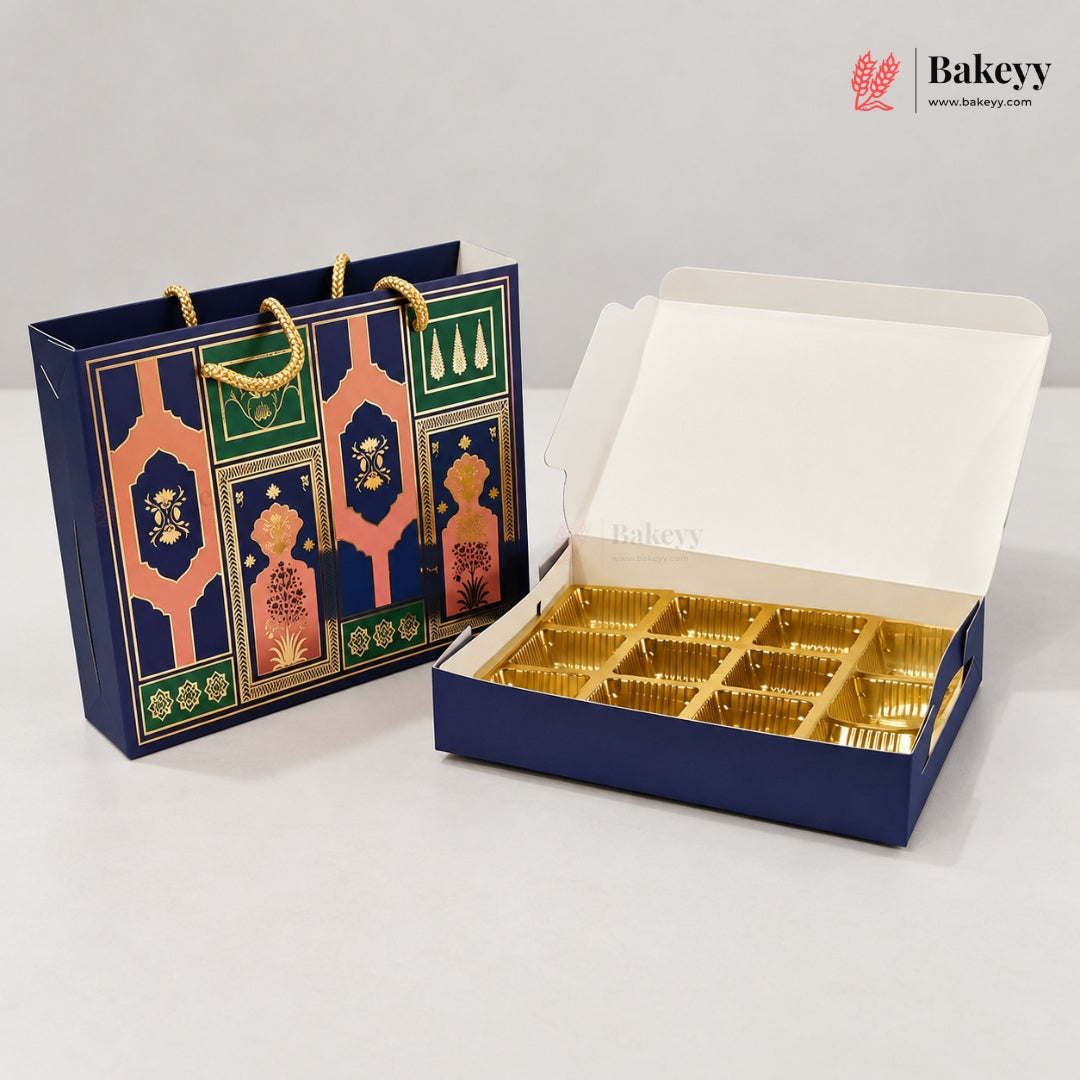 Traditional Arch & Floral Printed Chocolate Sweet Box with Matching Handle Paper Bag | With & Without Cavity | Pack of 10