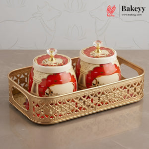9x5 Inch Red Pichwai Cow Jar Set with Gold Cutwork Tray | Pack of 1