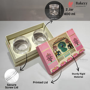 Two clear 400 ml plastic jars with screw lids shown with their pink decorative retail box. The image includes callout arrows and text highlighting the secure screw lid, printed lid, and 400 ml capacity.