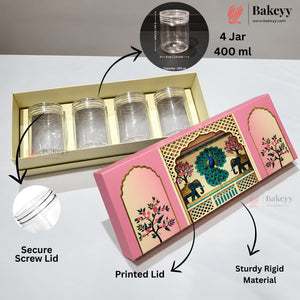 Four clear plastic 400 ml jars presented in a pink decorative box with printed lid artwork, shown on a white background with callout labels and a Bakeyy brand mark.
