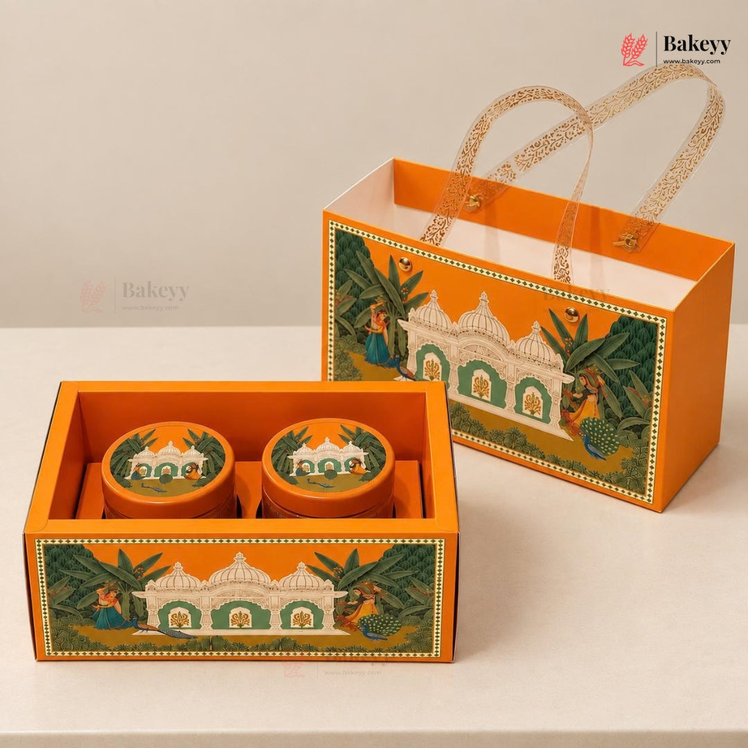 Traditional Printed Gift Hamper Boxes with Transparent Handle | With and Without Jar Options | 2 Designs | Pack of 1