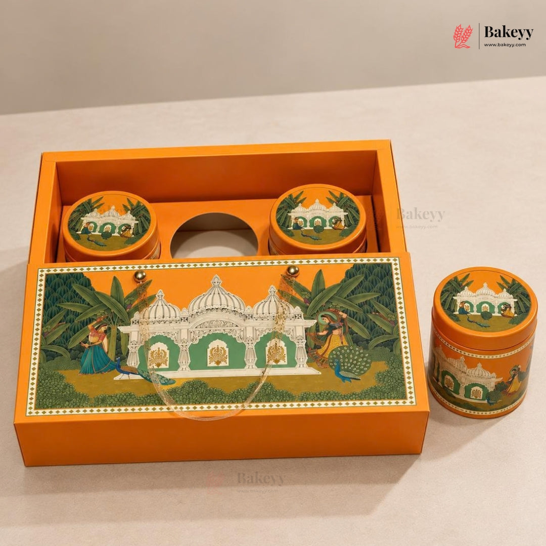 Traditional Printed Gift Hamper Boxes with Transparent Handle | With and Without Jar Options | 2 Designs | Pack of 1