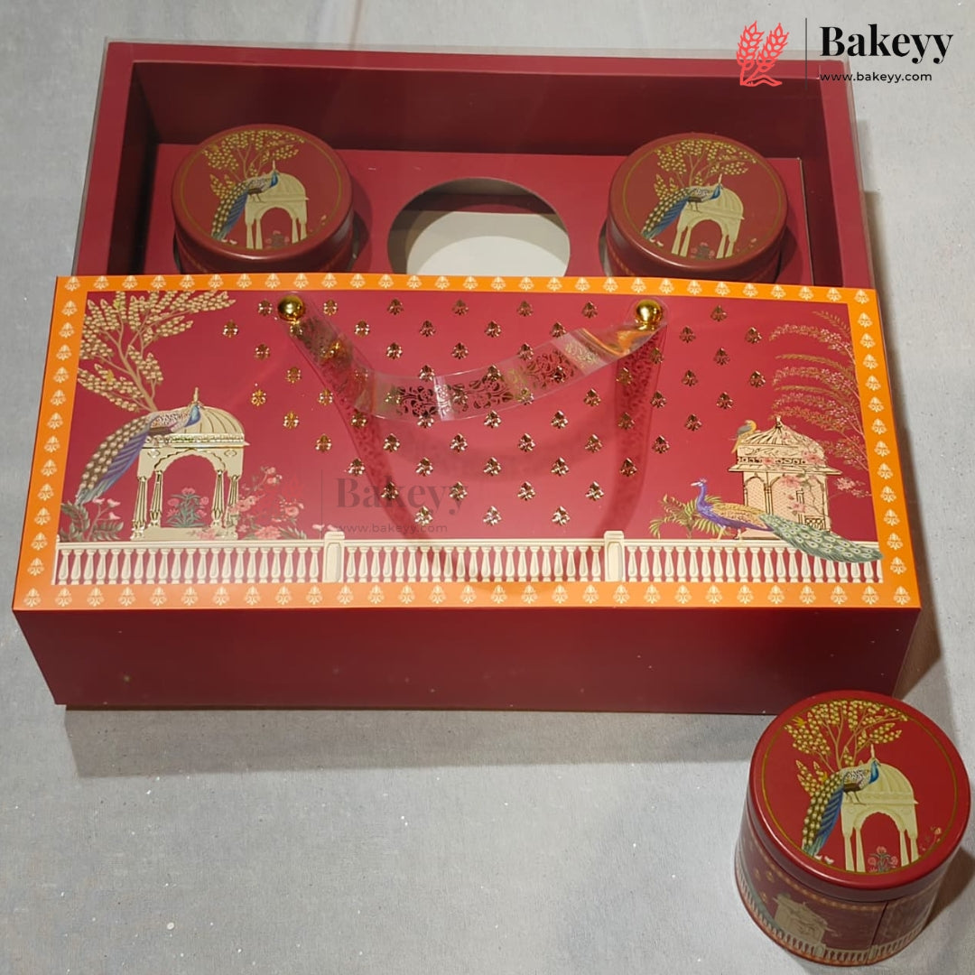Traditional Printed Gift Hamper Boxes with Transparent Handle | With and Without Jar Options | 2 Designs | Pack of 5