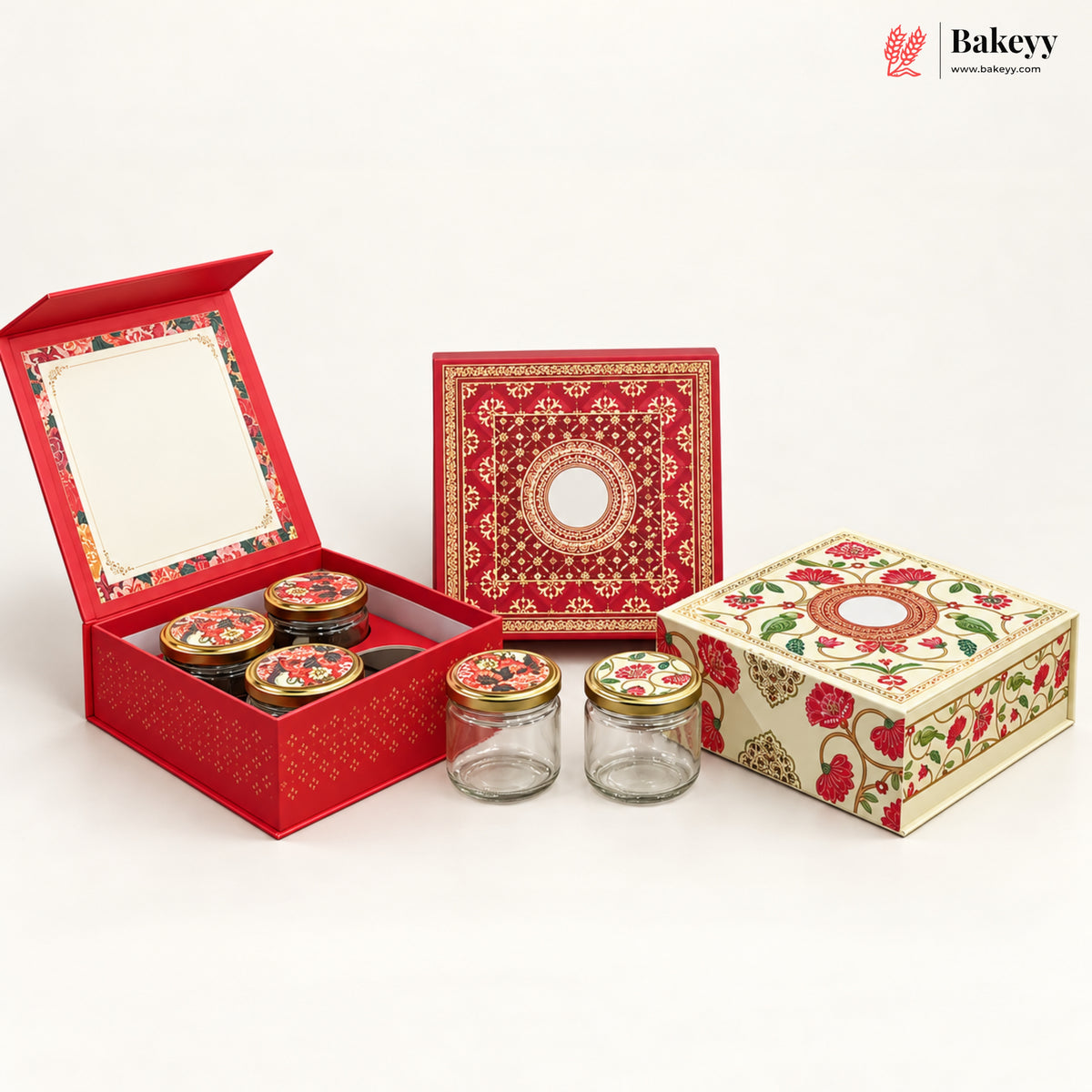 Traditional Printed Hamper Box with 4 Glass Jars | Magnetic Closure | 3 Designs | Pack of 1