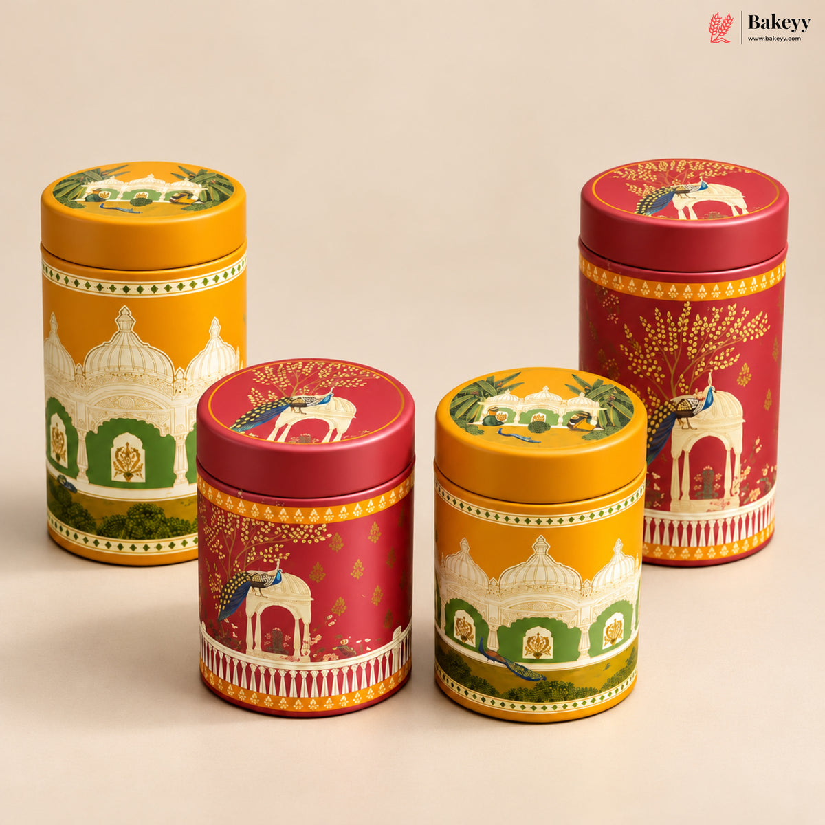 Traditional Printed Round Tin Jar with Lid | 2 Designs & 2 Sizes | Pack of 4