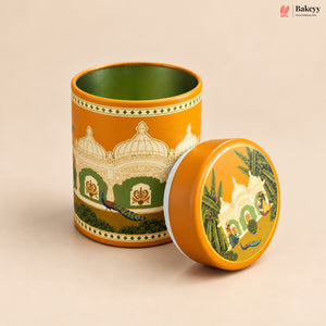 Traditional Printed Round Tin Jar with Lid | 2 Designs & 2 Sizes | Pack of 4