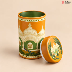 Traditional Printed Round Tin Jar with Lid | 2 Designs & 2 Sizes | Pack of 4