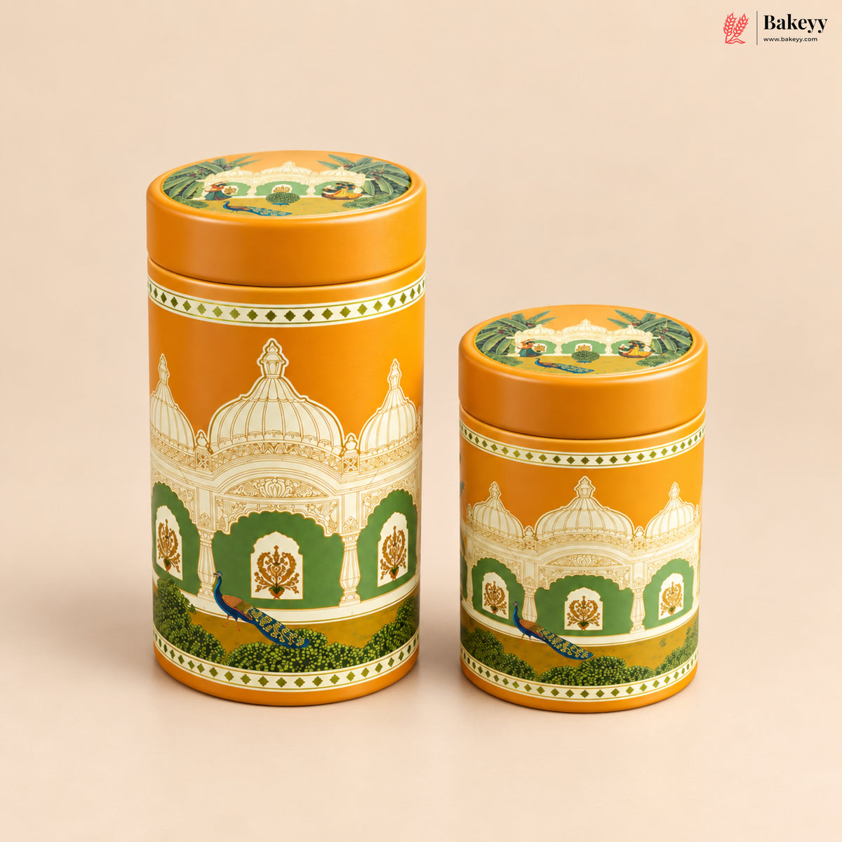 Traditional Printed Round Tin Jar with Lid | 2 Designs & 2 Sizes | Pack of 4