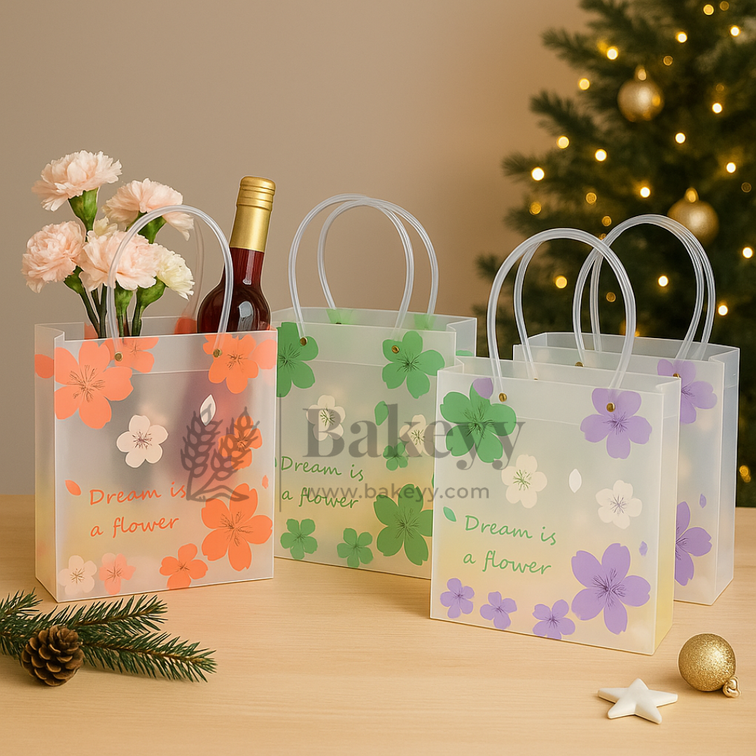 Dream Flower Frosted Transparent Gift Bags With Handle | Pack of 10