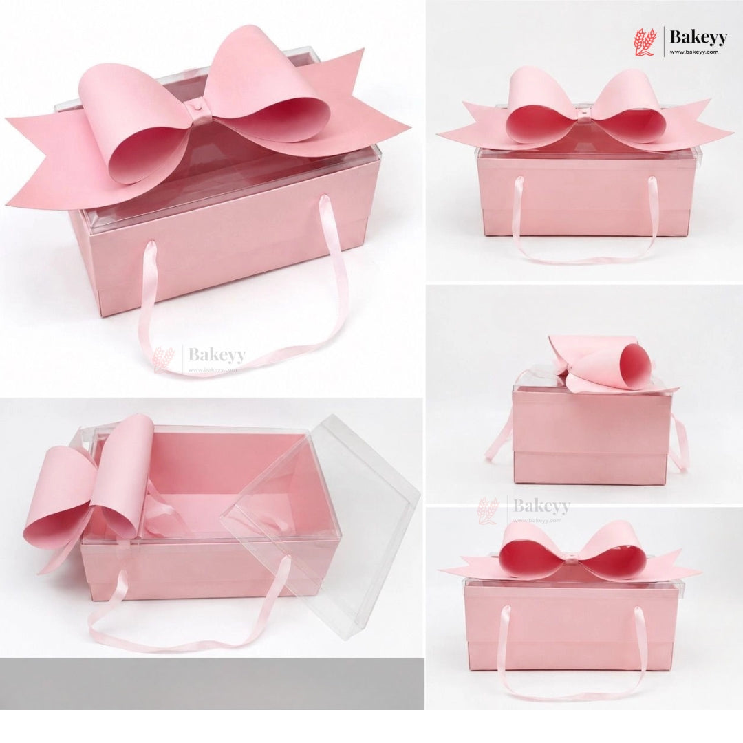 Transparent Lid Gift Hamper Box with Bow & Handle | Multiple Sizes | Pink & White | Pack of 5