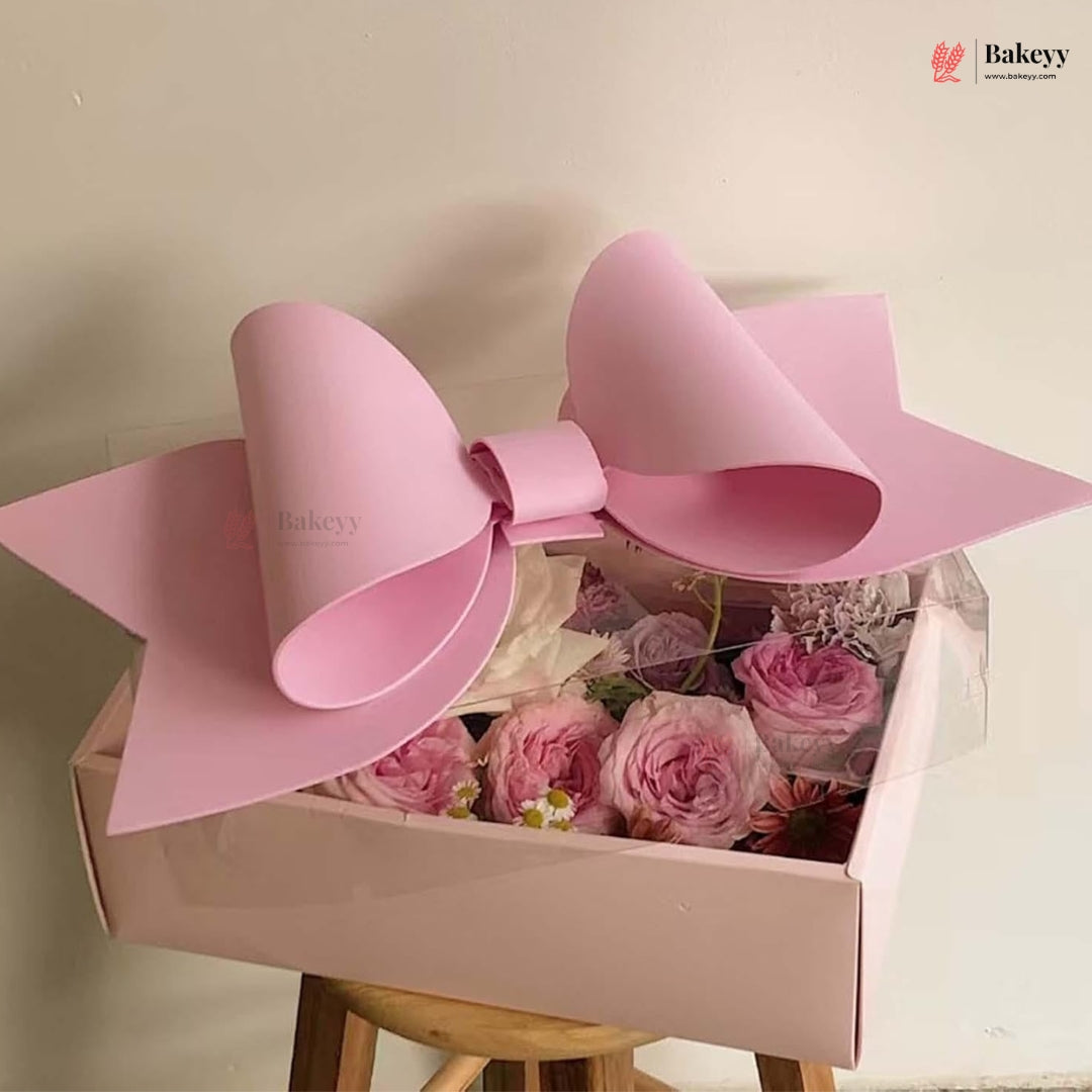 Transparent Lid Gift Hamper Box with Bow & Handle | Multiple Sizes | Pink & White | Pack of 5