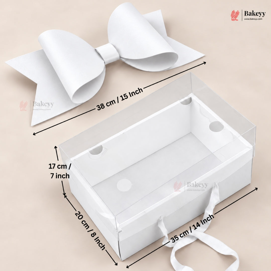 Transparent Lid Gift Hamper Box with Bow & Handle | Multiple Sizes | Pink & White | Pack of 5