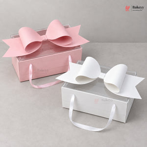 Transparent Lid Gift Hamper Box with Bow & Handle | Multiple Sizes | Pink & White | Pack of 5