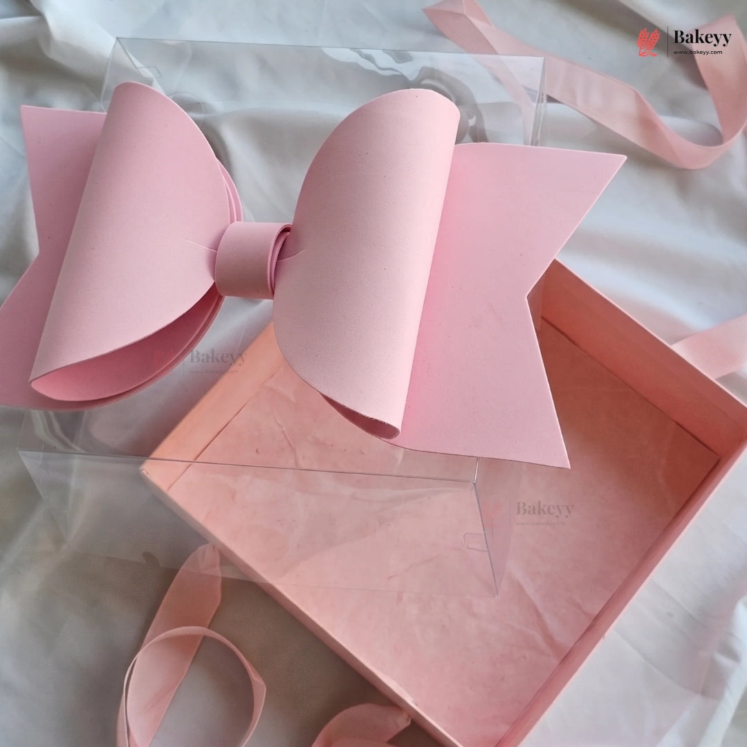 Transparent Lid Gift Hamper Box with Bow & Handle | Multiple Sizes | Pink & White | Pack of 5