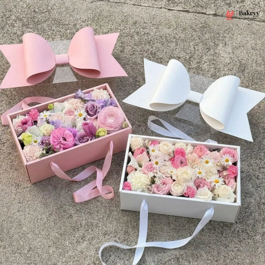 Transparent Lid Gift Hamper Box with Bow & Handle | Multiple Sizes | Pink & White | Pack of 5