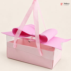 Transparent Lid Gift Hamper Box with Bow & Handle | Multiple Sizes | Pink & White | Pack of 5
