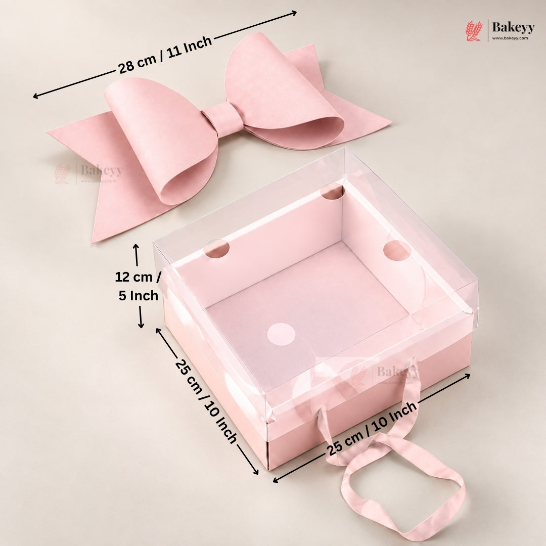 Transparent Lid Gift Hamper Box with Bow & Handle | Multiple Sizes | Pink & White | Pack of 5