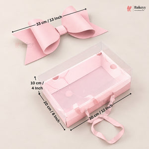 Transparent Lid Gift Hamper Box with Bow & Handle | Multiple Sizes | Pink & White | Pack of 5