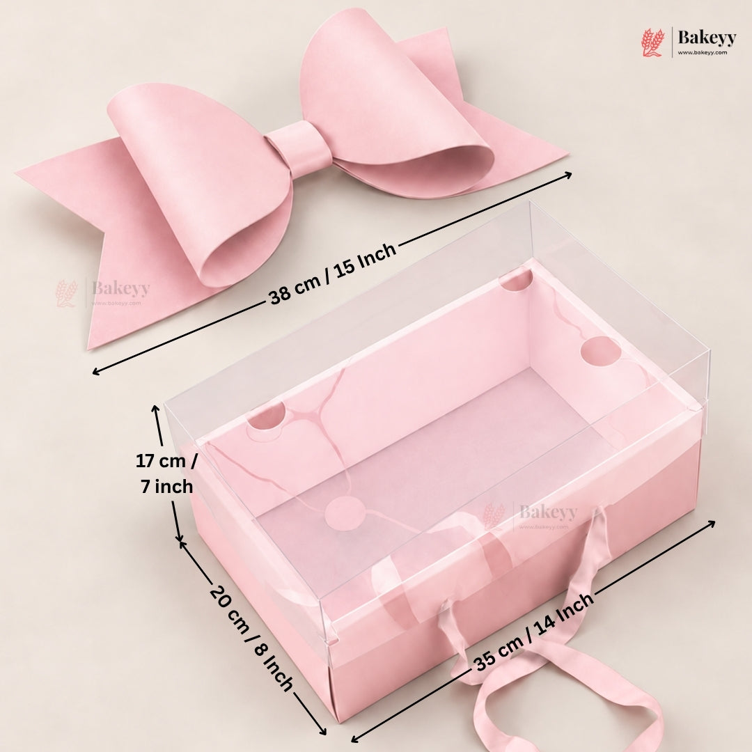 Transparent Lid Gift Hamper Box with Bow & Handle | Multiple Sizes | Pink & White | Pack of 5