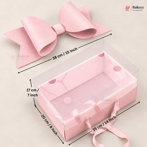 Transparent Lid Gift Hamper Box with Bow & Handle | Multiple Sizes | Pink & White | Pack of 5