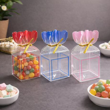 Transparent PVC Candy Bag Style Goodie Box | Decorative Gift & Favor Packaging | Available in 3 Colors | Pack of 10