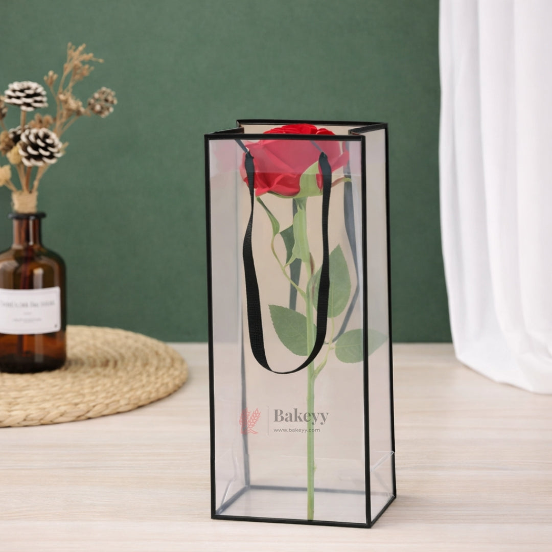 Transparent PVC Flower Gift Bag (Tall Rose Box Bag) | Clear Display Carry Bag with Black Handle | 34×13×9 cm | Pack of 6