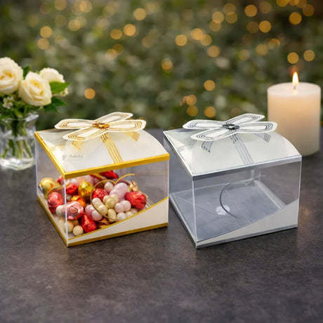 Transparent PVC Gift Bow Goodie Box | Decorative Favor Packaging | Available in 2 Colors | Pack of 10