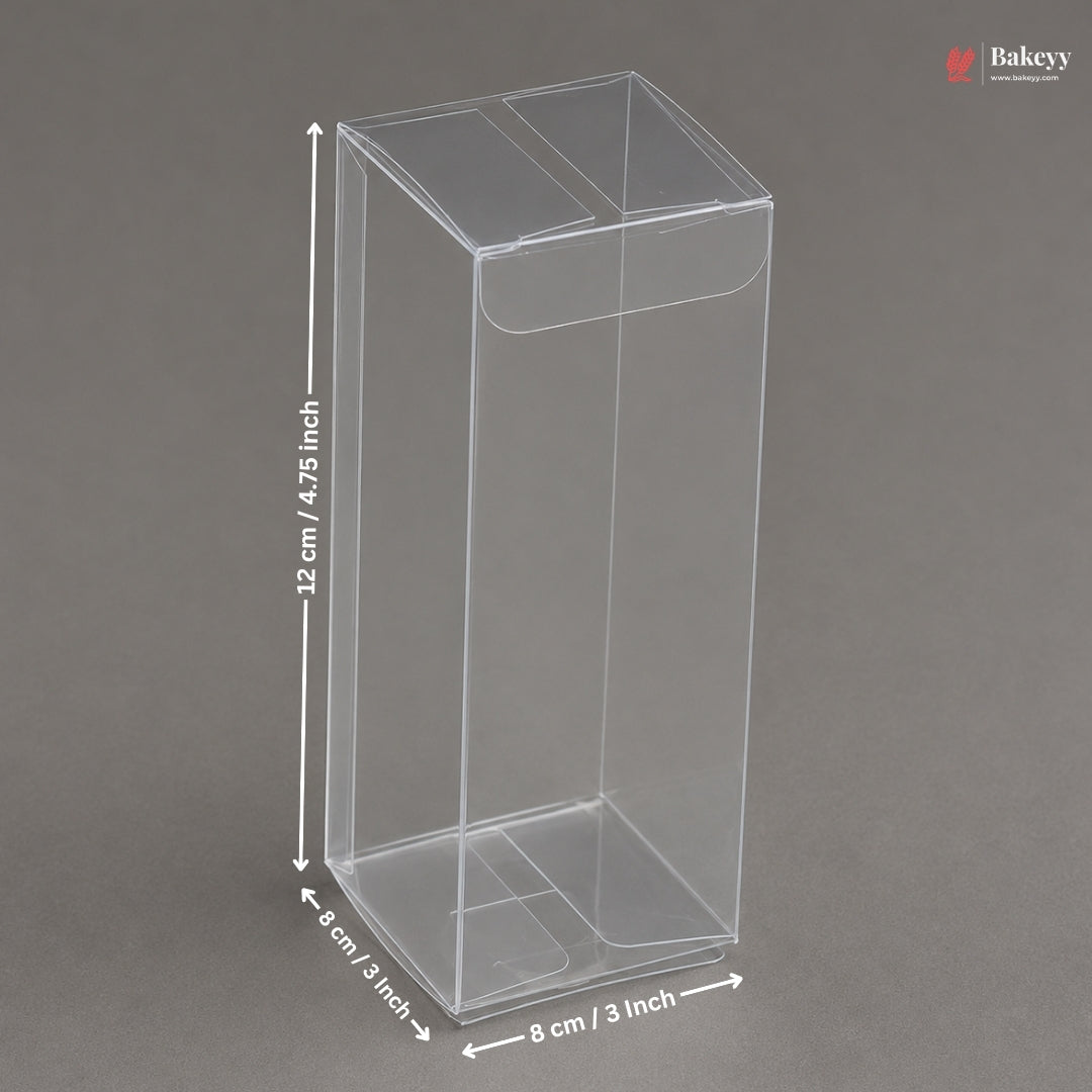 Clear plastic box with dimensions labeled on a gray background