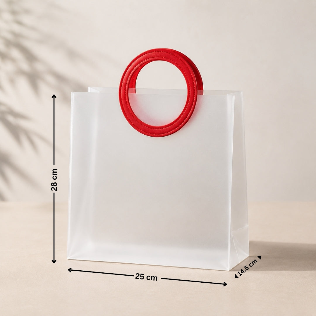 White paper bag with a red circular handle and measurements on a beige background