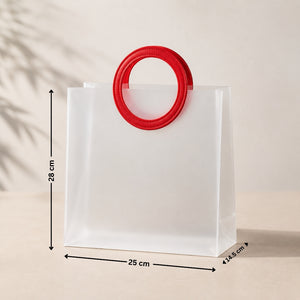 White paper bag with a red circular handle and measurements on a beige background