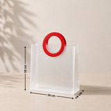 White bag with a red handle and measurements on a beige background
