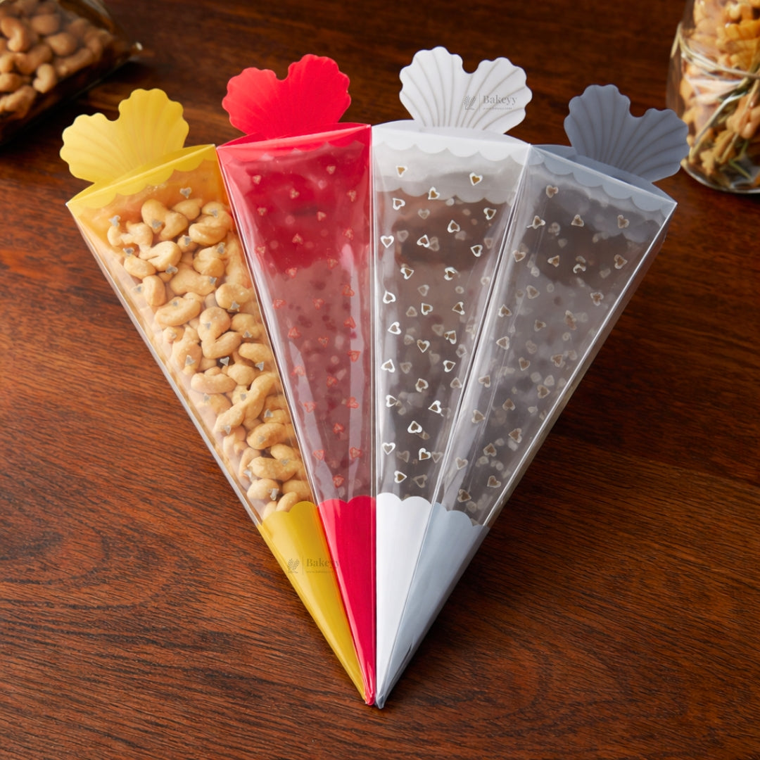 Transparent Cone Shape PVC Dry Fruit & Snack Packing Pouches | Decorative Goodie & Gift Packaging | Pack of 10