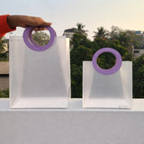 Transparent Bags With Leather Style Lavender Colour Handles | Pack of 12