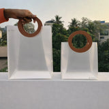 Transparent Bags With Leather Style Brown Colour Handles | Pack of 12