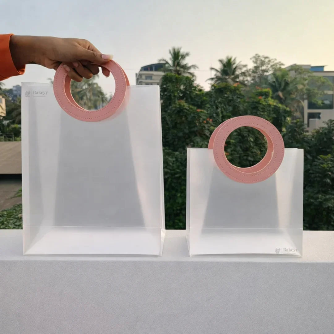 Transparent Bags With Leather Style Pink Colour Handles | Pack of 12