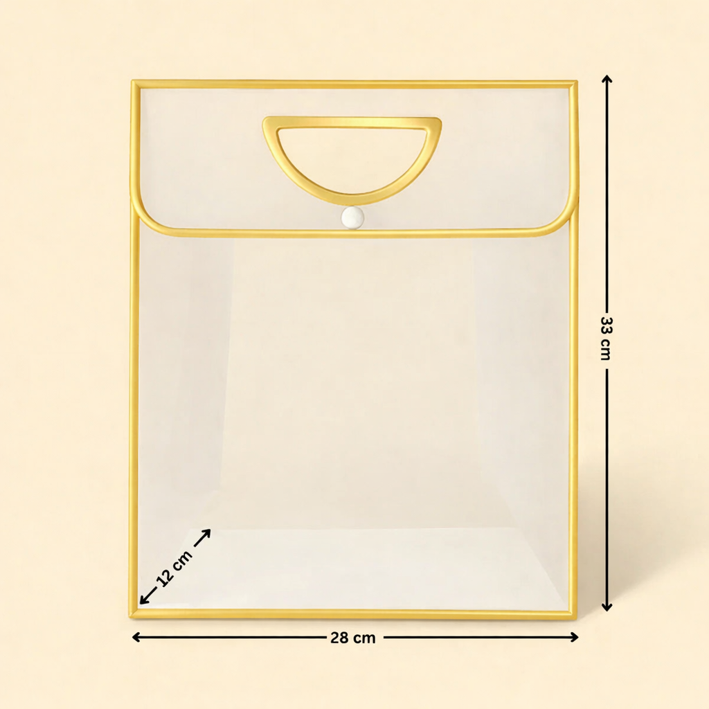 Transparent Gift Bag with Button Lock - Gold | Oval‑Cut Handle | Pack Of 12 - Bakeyy.com - India - Transparent Gift Bag with Button Lock - Gold | Oval‑Cut Handle | Pack Of 12 - 23x15x30 Cm