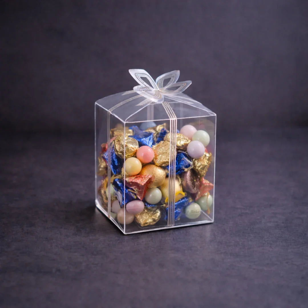 Transparent PVC Gift Box with Gold & Silver Bow Top | Premium Clear Goodie Box | 3 Sizes Available | Pack of 10