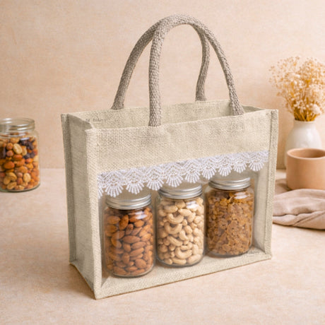 Transparent Window Jute Gift Bag with Zipper Lock & Lace Design | 4 Size Options Available | Pack of 1