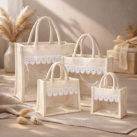 Transparent Window Jute Gift Bag with Zipper Lock & Lace Design | 4 Size Options Available | Pack of 1