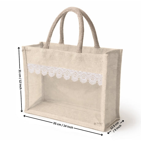 Transparent Window Jute Gift Bag with Zipper Lock & Lace Design | 4 Size Options Available | Pack of 1