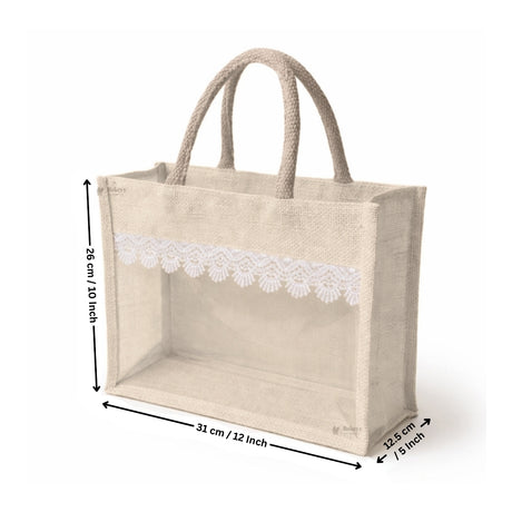 Transparent Window Jute Gift Bag with Zipper Lock & Lace Design | 4 Size Options Available | Pack of 1